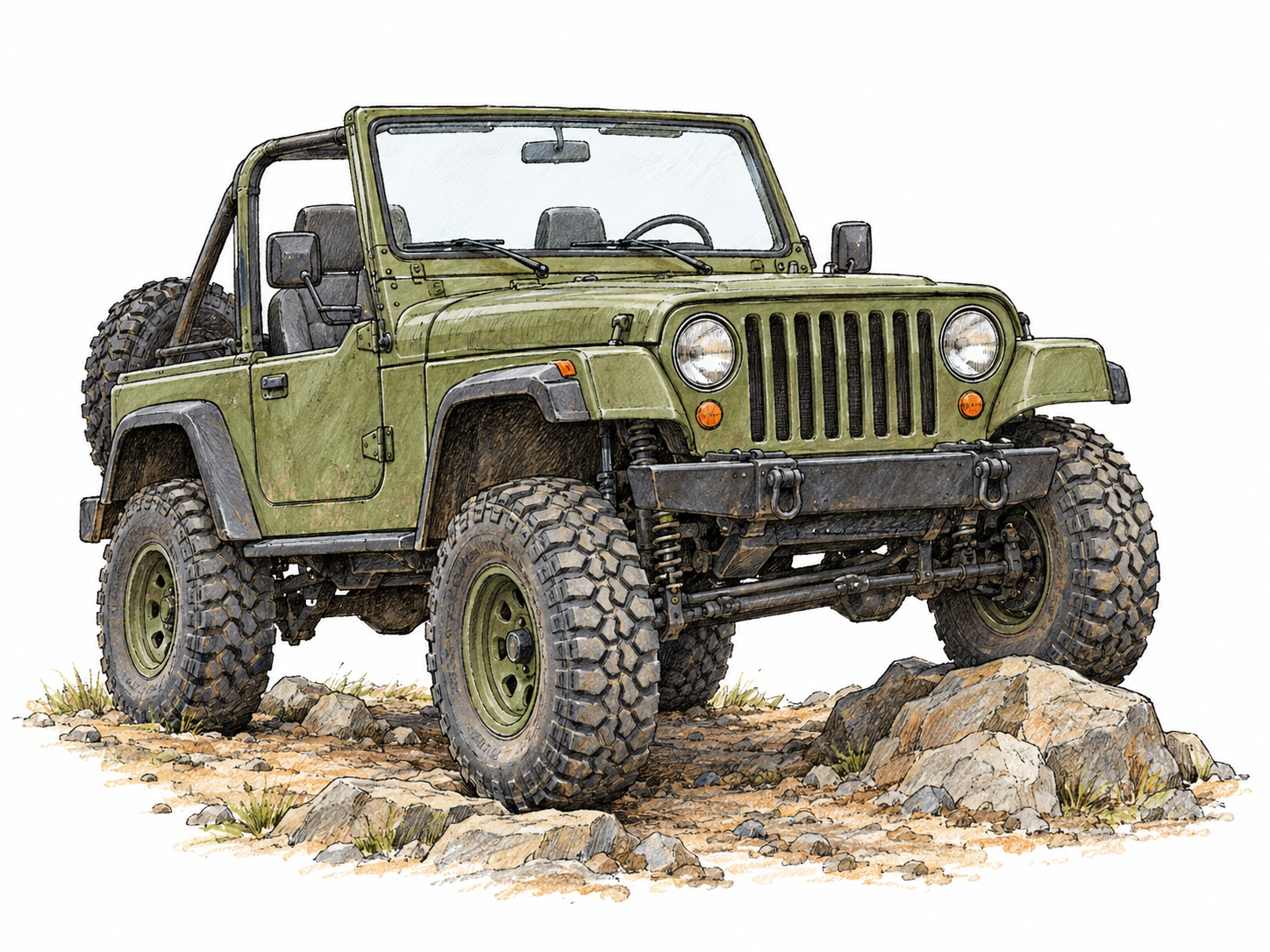 A compact, rugged open-top jeep stands on an uneven rocky trail, its chunky tires, high ground clearance and short wheelbase clearly visible.