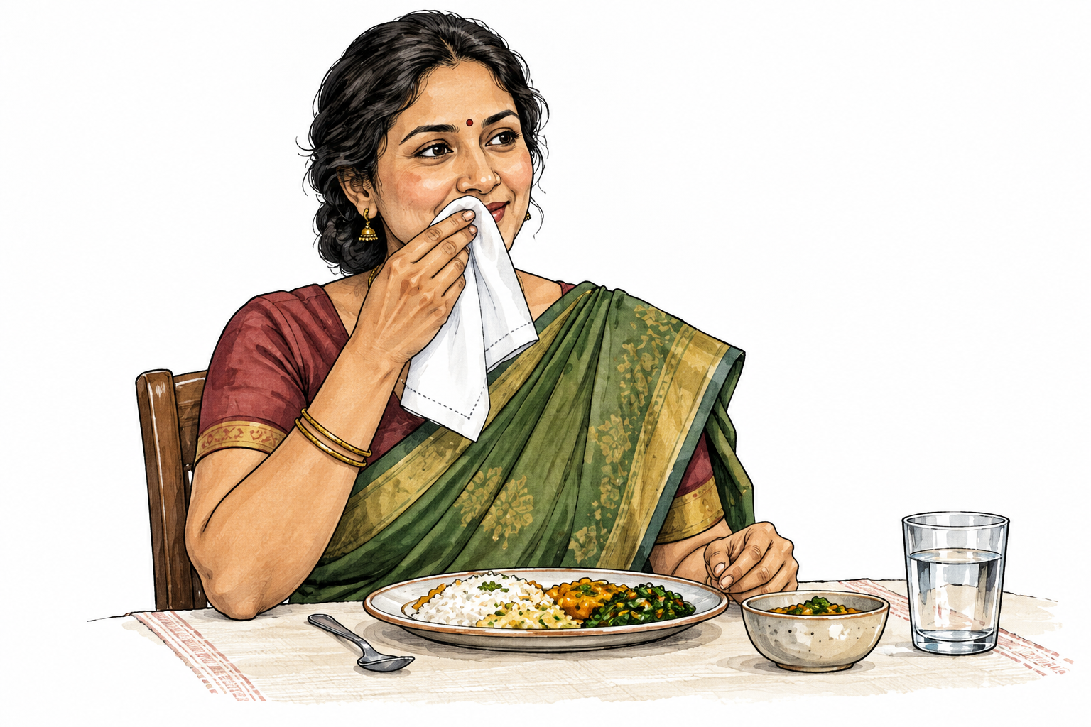 A South Asian woman gently dabs her mouth with a white cloth napkin beside her meal.