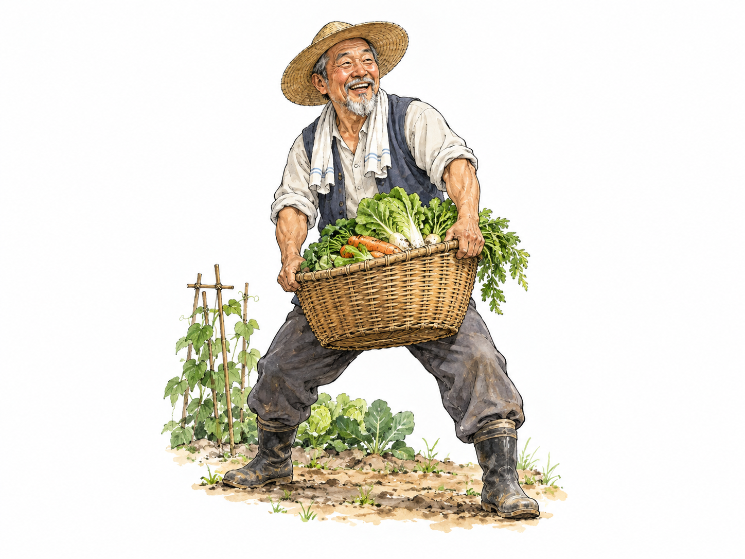 Man energetically lifts a filled gardening basket with strong planted stance and lively expression.