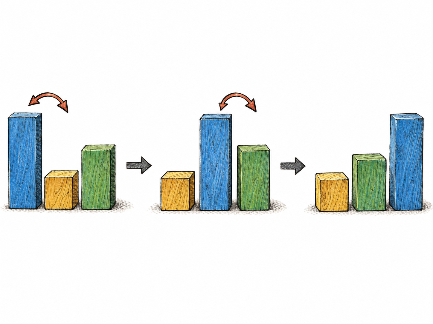 A concrete sorting procedure shown as three successive arrangements of the same three wooden blocks: compare and swap the first adjacent pair, then compare and swap the second pair, producing ascending height order.