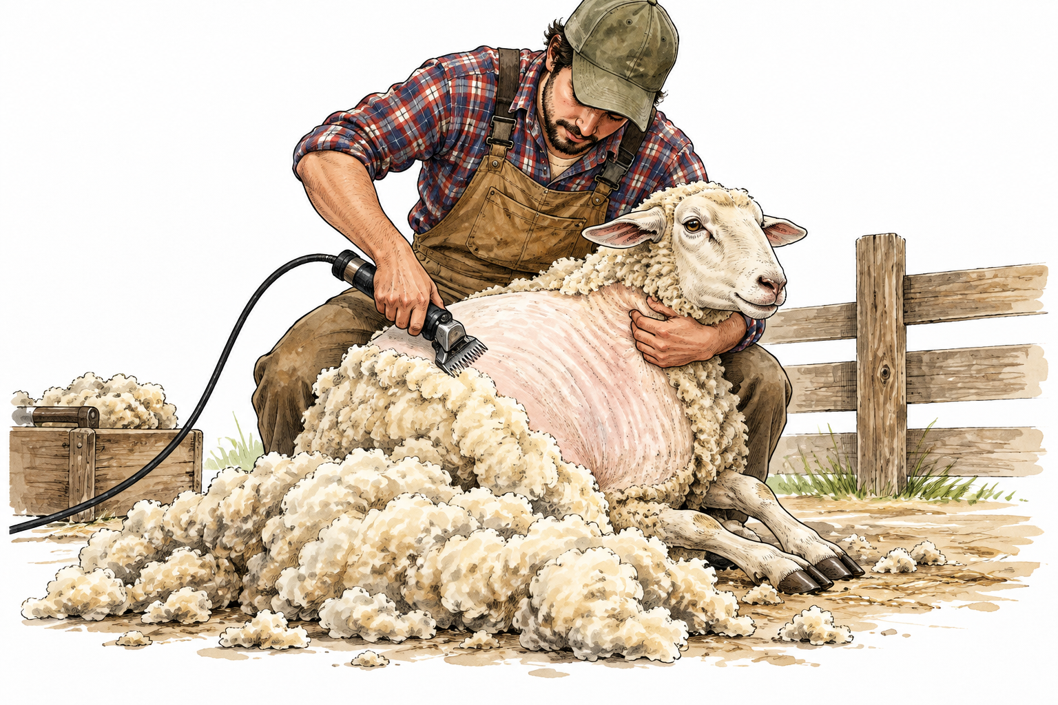 A sheep shearer carefully removes fleece with appropriate clippers, no injured animal.