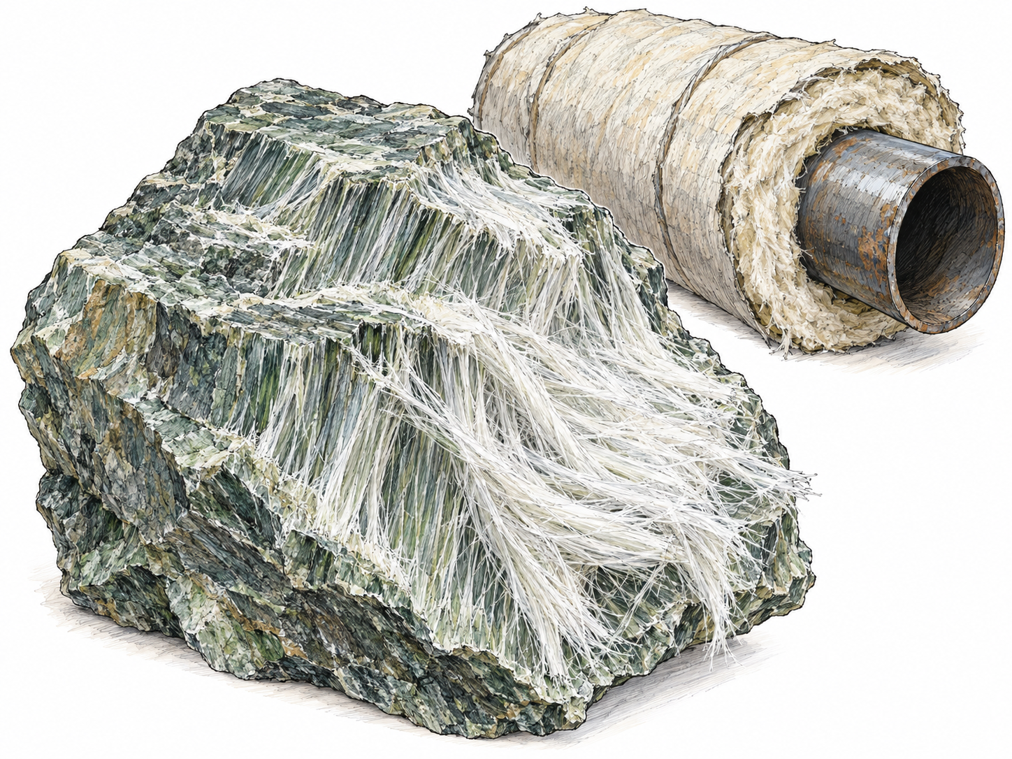 A close specimen view of asbestos: a gray-green mineral fragment splitting into silky white fibers, beside an old pipe section with exposed fibrous insulation.