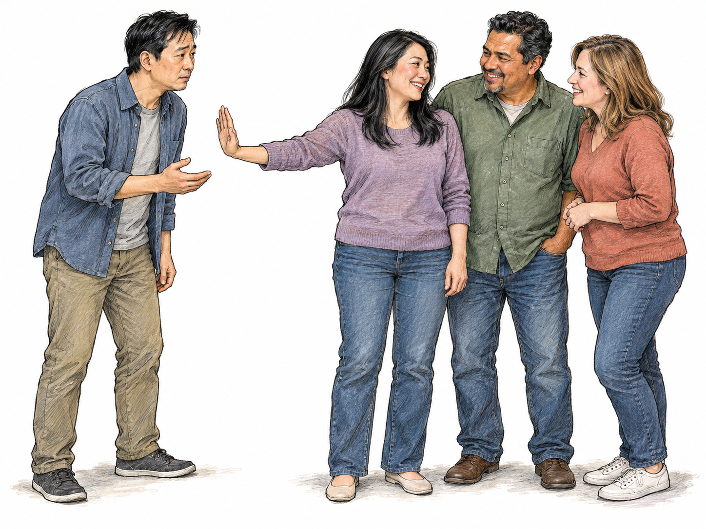 Three adults form a tight, inward-facing social circle while visibly refusing a fourth adult entry: one member blocks the gap with an arm and an outward palm while remaining warmly engaged with the other insiders.
