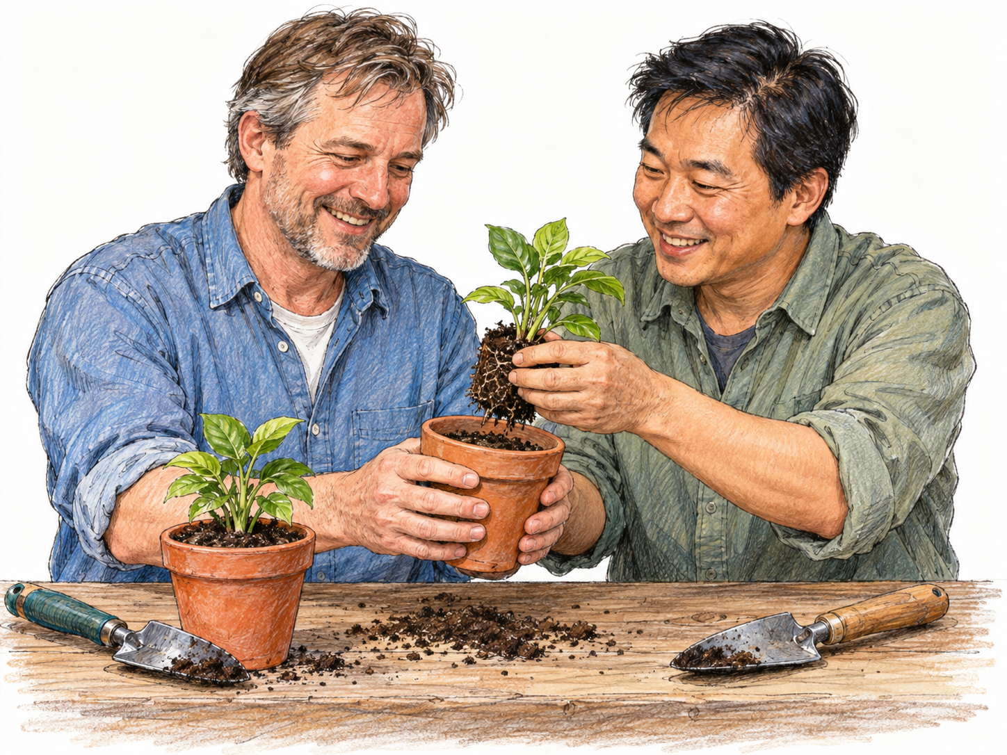 Two relaxed hobby gardeners enjoy working together at a small potting bench, sharing seedlings and an easy smile.