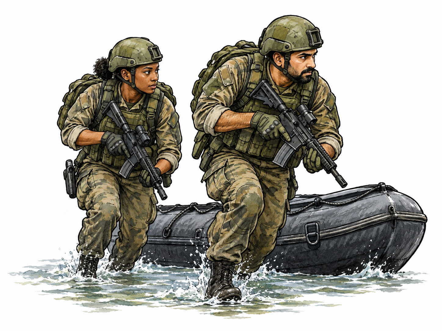 Adult commando in generic field equipment and helmet moves quietly with team beside inflatable boat, no firing or tactical detail, no insignia text.