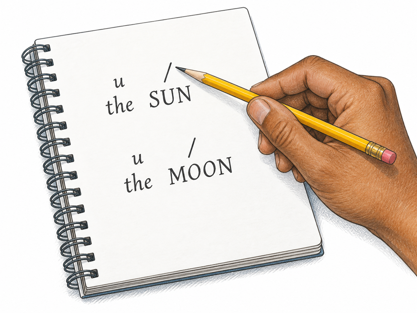 Close readable notebook with exactly two words to illustrate poetic rhythm: "the SUN" on first line and "the MOON" on second.