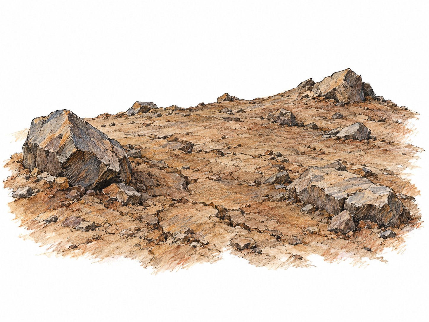 A small expanse of barren, stony ground: exposed hard earth and scattered rocks with no vegetation, conveying land that produces no plants.