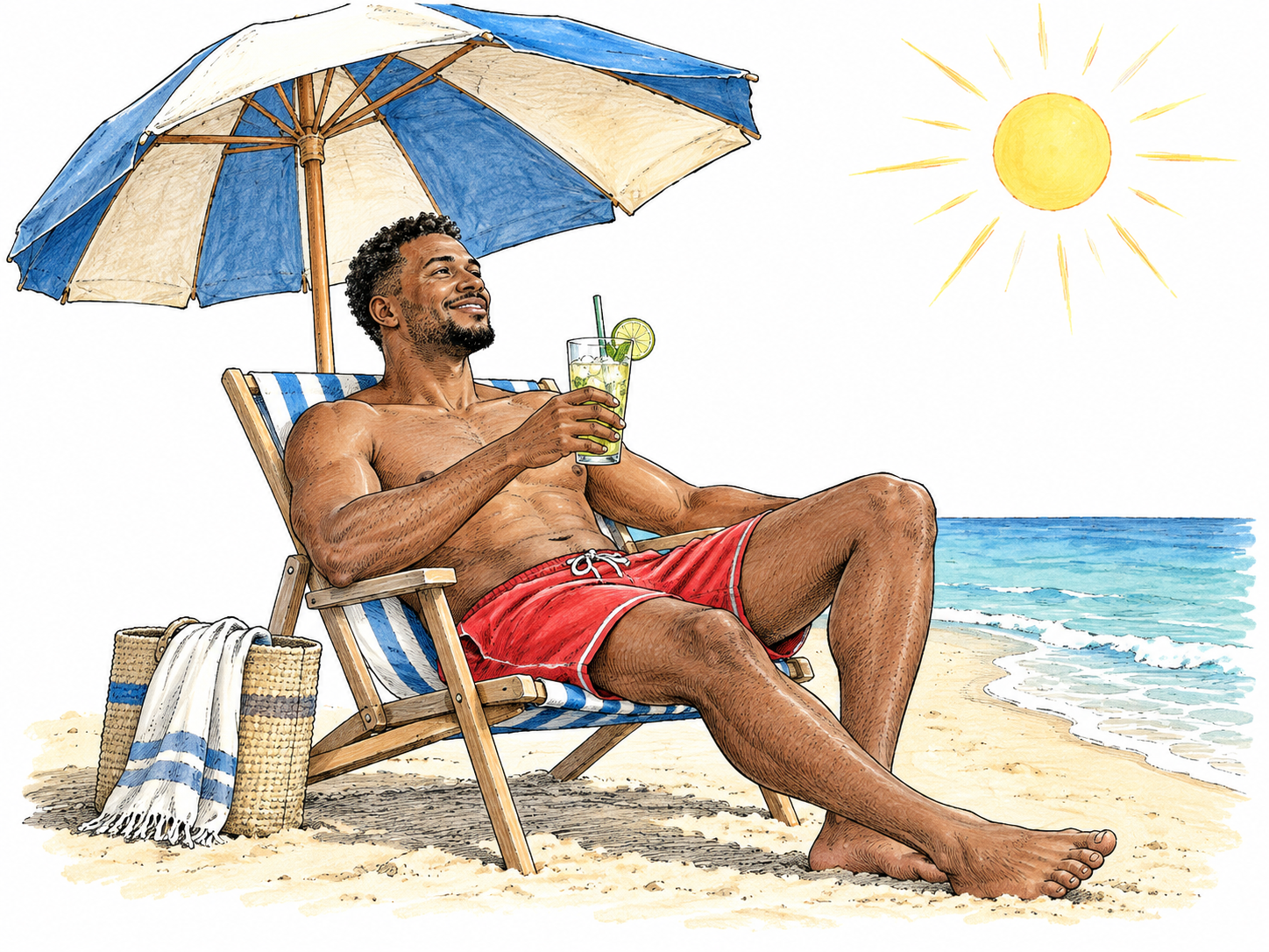 Man rests beside beach parasol holding cool drink, summer sun above, narrow sand patch and little sea curve; no dense panorama.