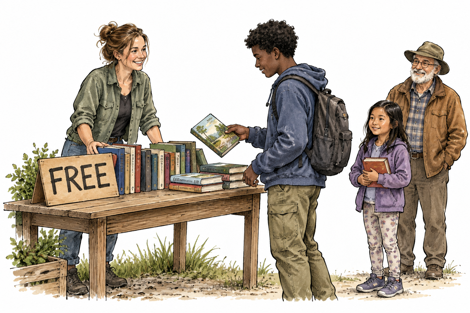 A small community book table displays the exact sign FREE, a visitor takes a book without paying.