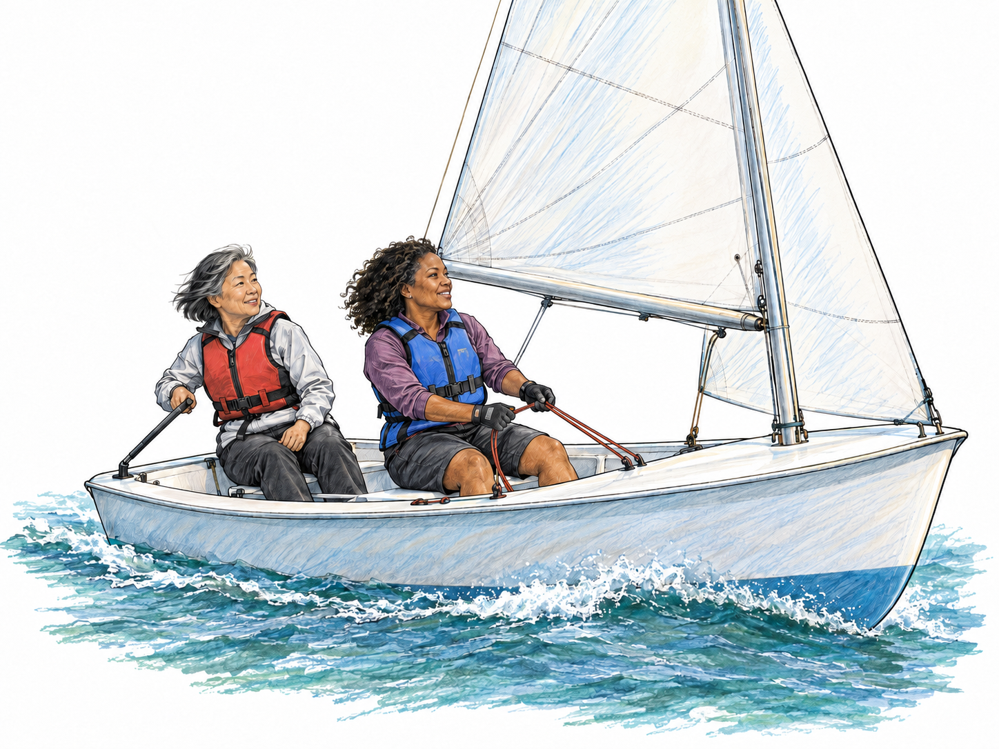 Two adults actively sail a small dinghy across open water, with a wind-filled sail, a slight heel and a trailing wake clearly showing wind-powered travel.