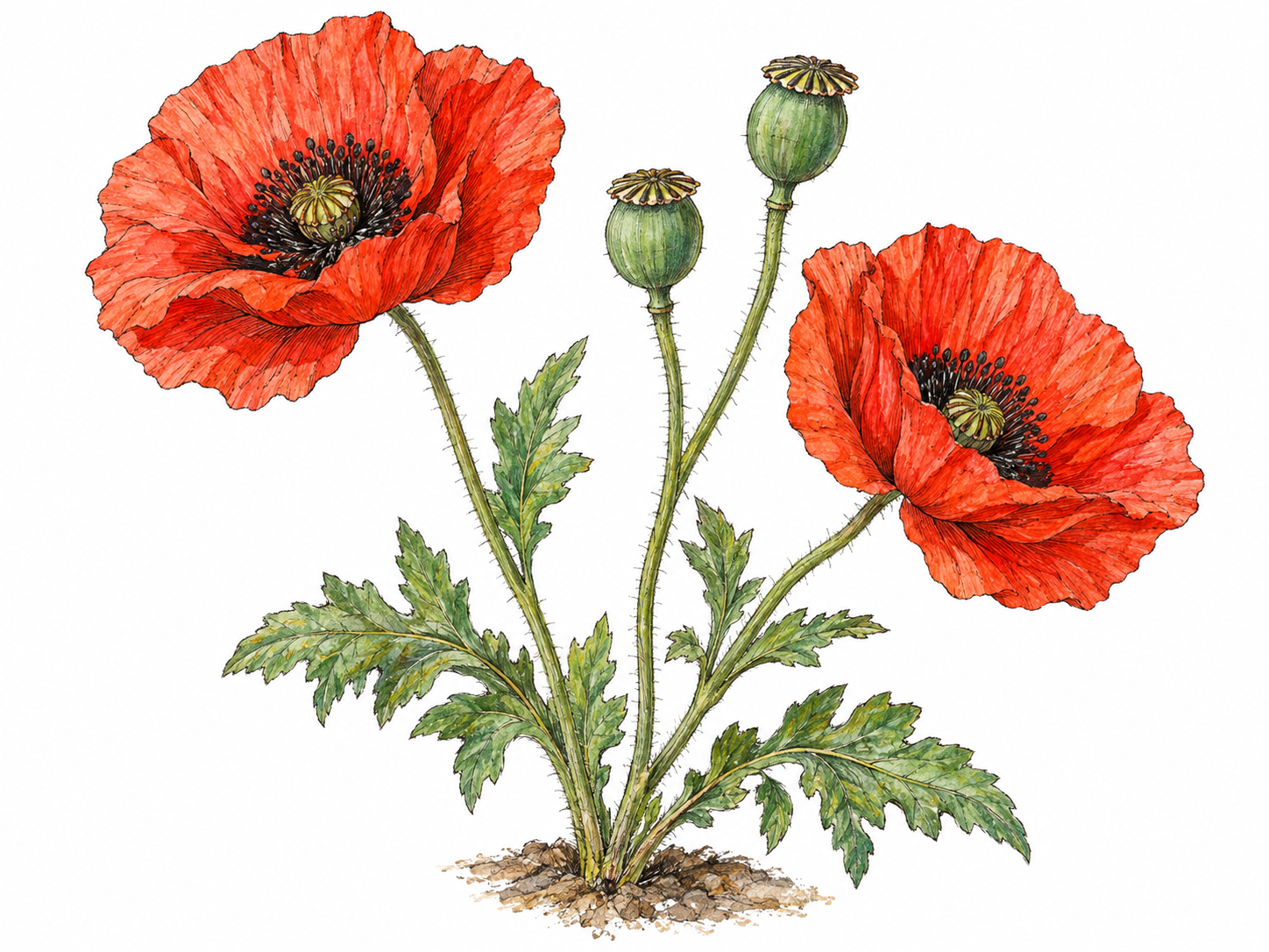 A single poppy plant with large scarlet flowers and mature seed capsules, clearly showing both defining features together.