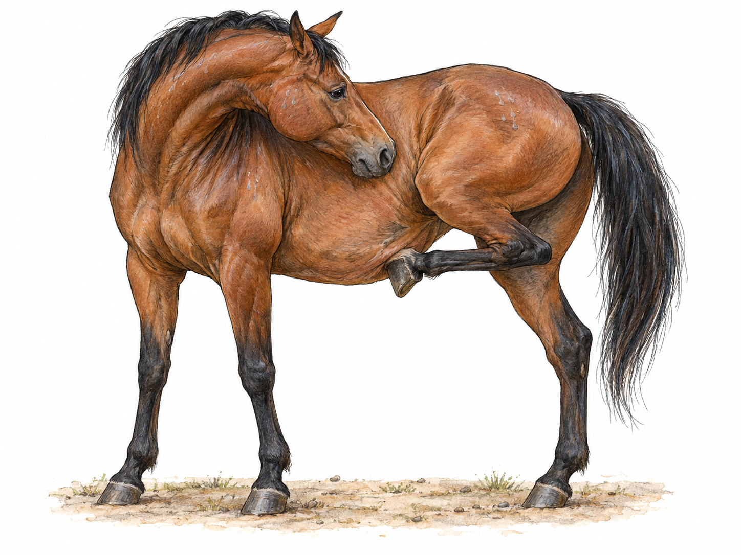 A horse showing characteristic signs of abdominal pain: twisting its head toward its flank, lifting a hind hoof toward its belly, and sweating despite standing at rest.