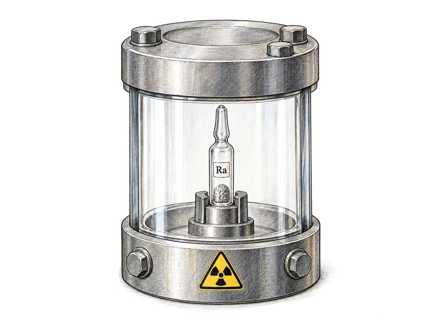 Small sealed radium sample ampoule inside thick transparent shielded container, minimal functional element label Ra on ampoule and radiation trefoil on shield.