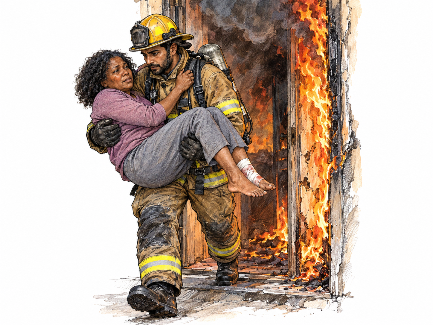 A firefighter shields and carries an injured woman through a burning doorway, visibly placing his own body between her and the flames.