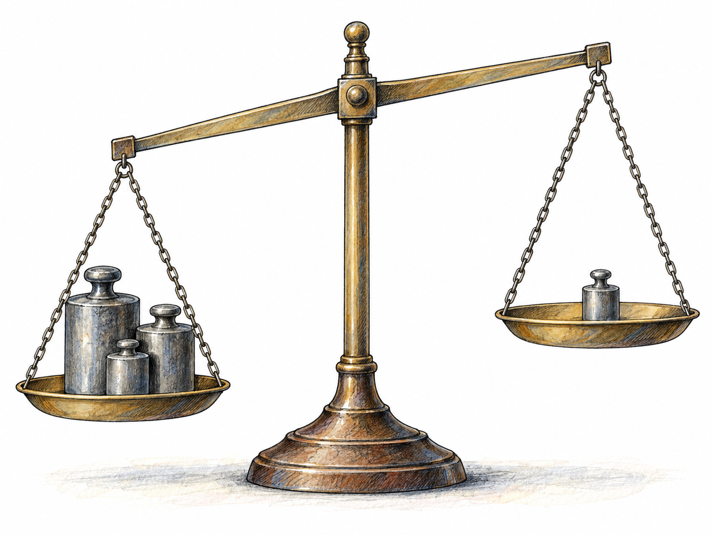 A visibly unbalanced two-pan weighing scale: several heavy metal weights pull one pan down while the opposite pan, holding a single small weight, hangs high.