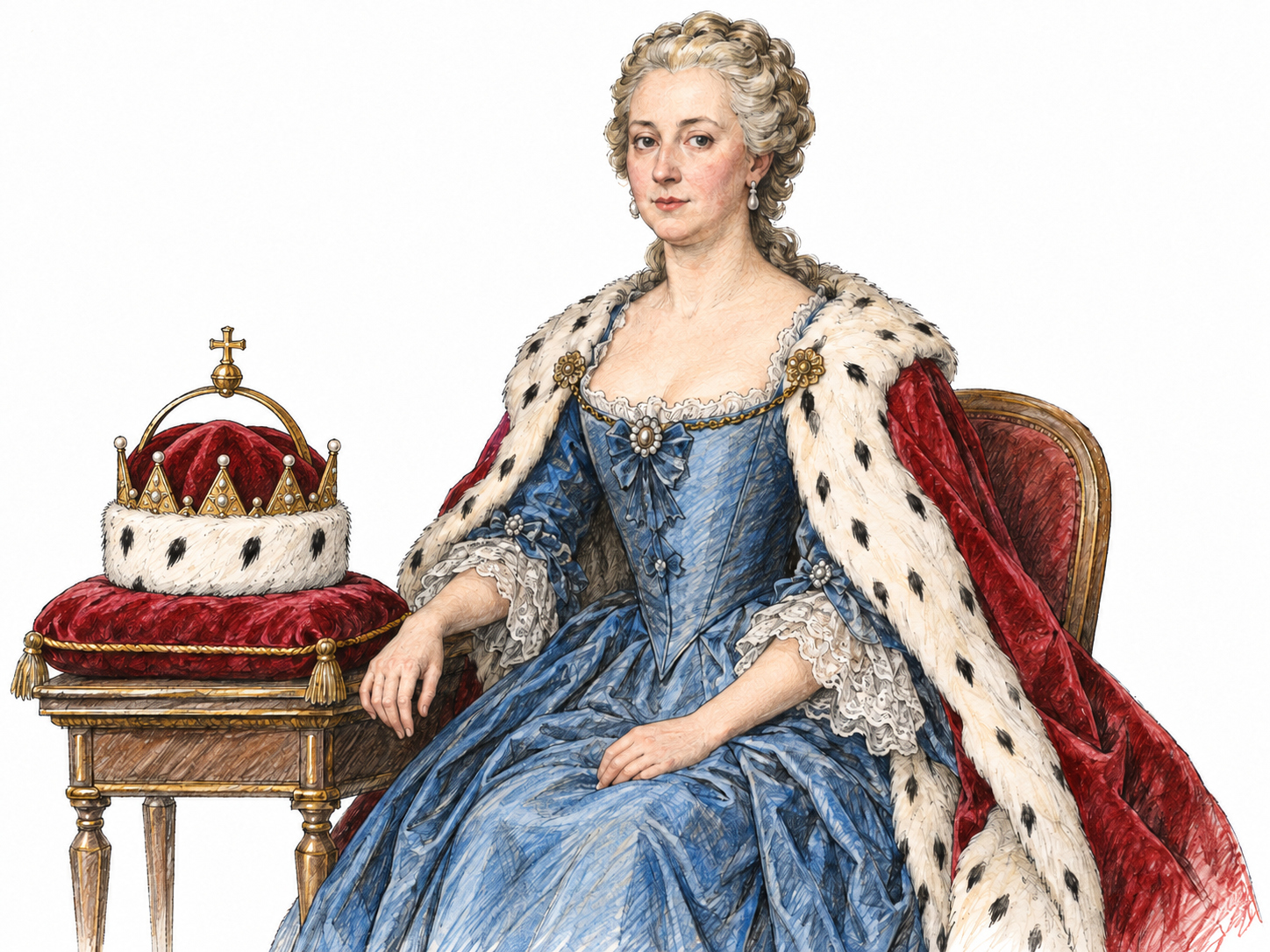 A formal seated portrait of an eighteenth-century Habsburg archduchess, with the distinctive Austrian archducal hat displayed immediately beside her.