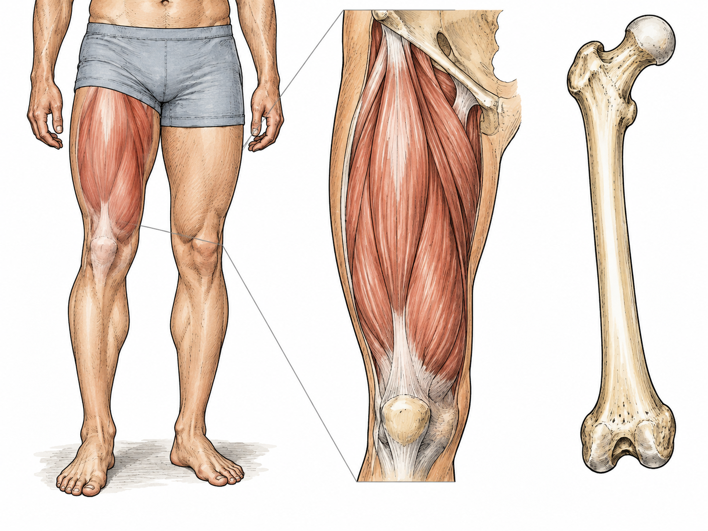 Medical diagram highlighting thigh region and femur, no genital detail.