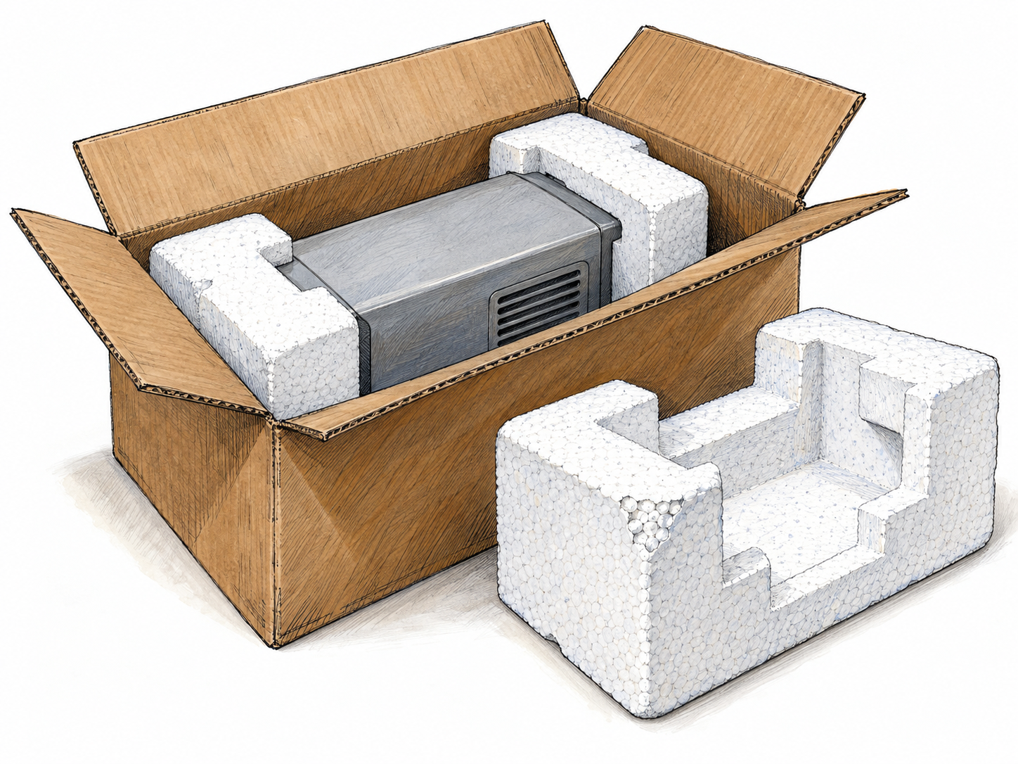 An open shipping carton with white molded expanded-polystyrene end caps protecting a small unbranded appliance.