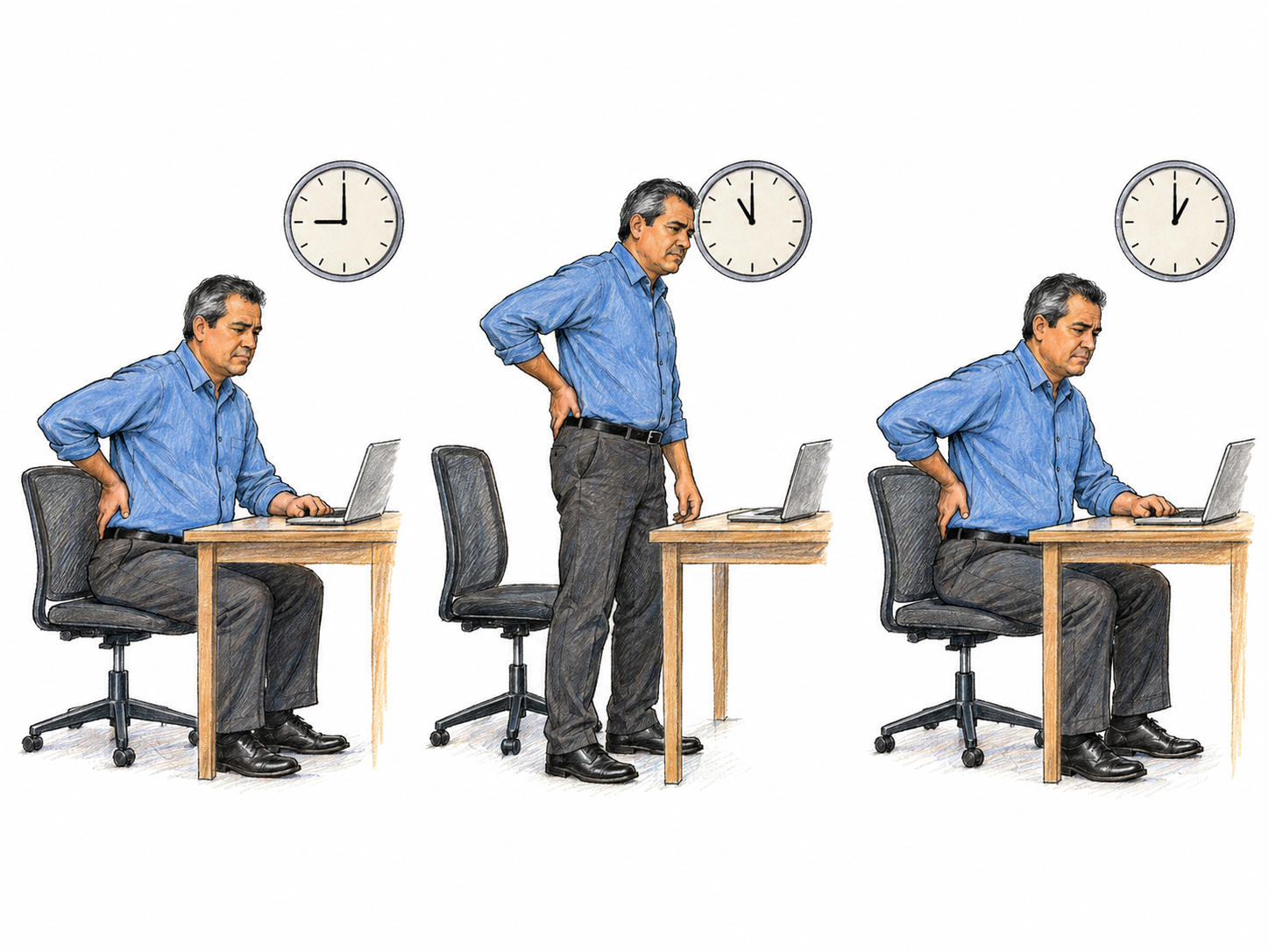 Three small sequential views of the same man at a plain desk, repeatedly supporting his lower back with a subdued, weary expression as a nearby clock advances.