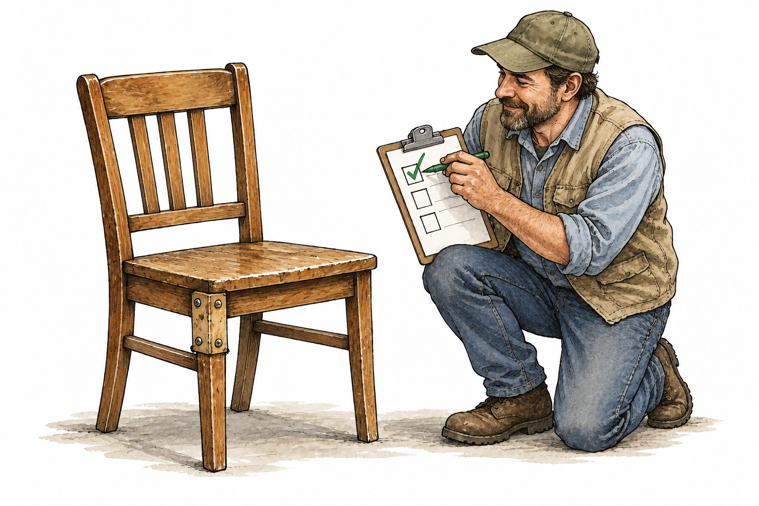 A repaired chair stands sturdy and functional, inspector marks a simple green check on a checklist.