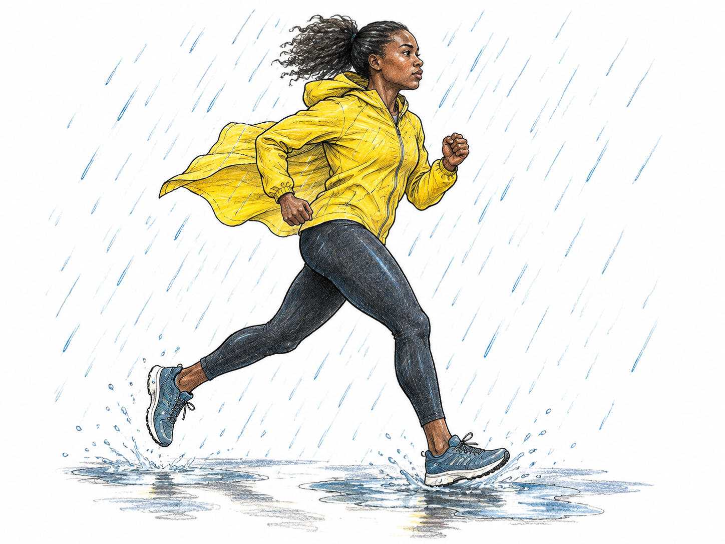 Runner continues resolutely through slanting rain while headwind pushes jacket back, forward stride undeterred by bad weather.