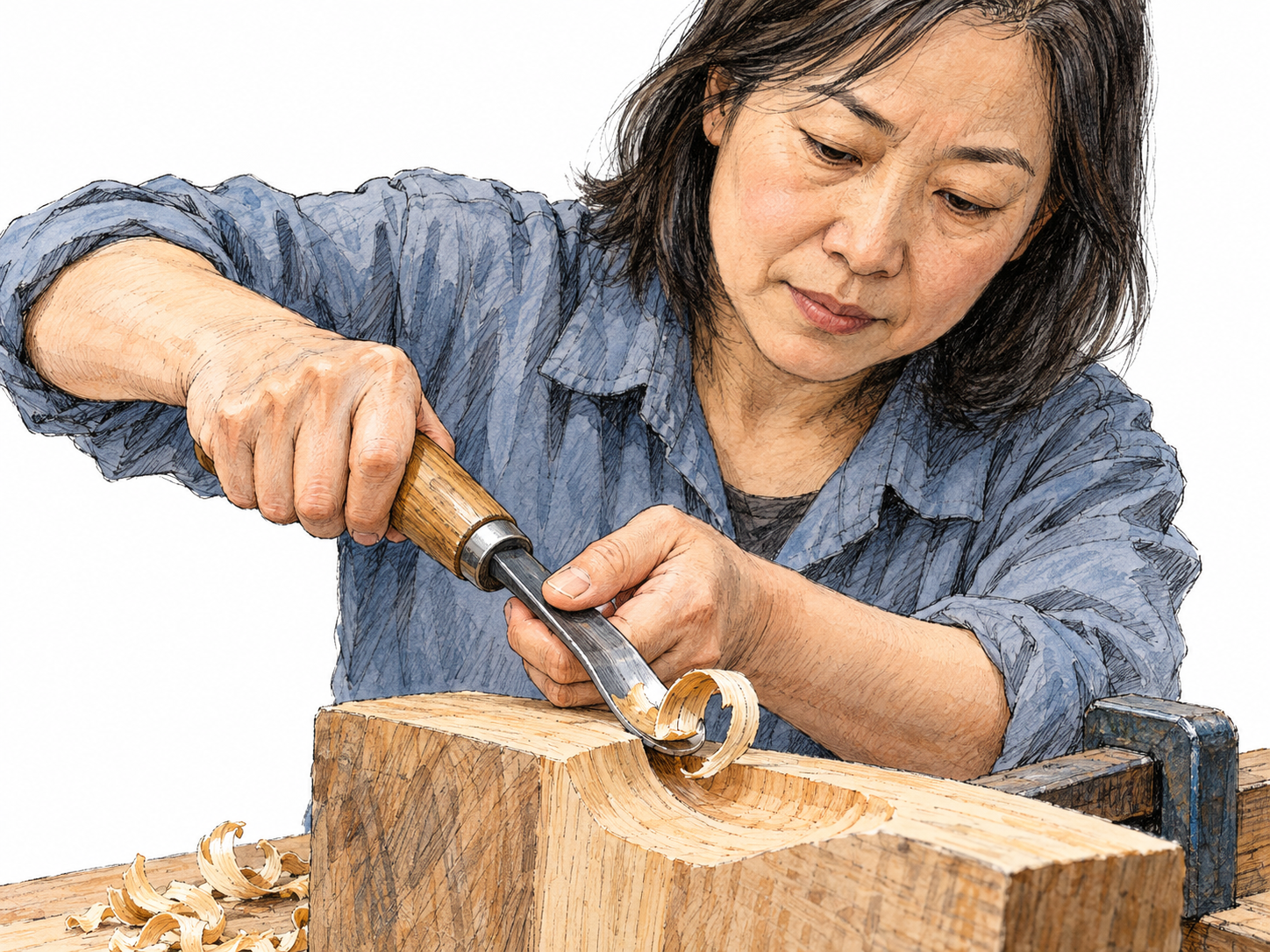 Close-up of a woodworker pushing a curved gouge through wood, lifting a thick curled chip from a fresh concave channel so the scooping cut is clearly visible.