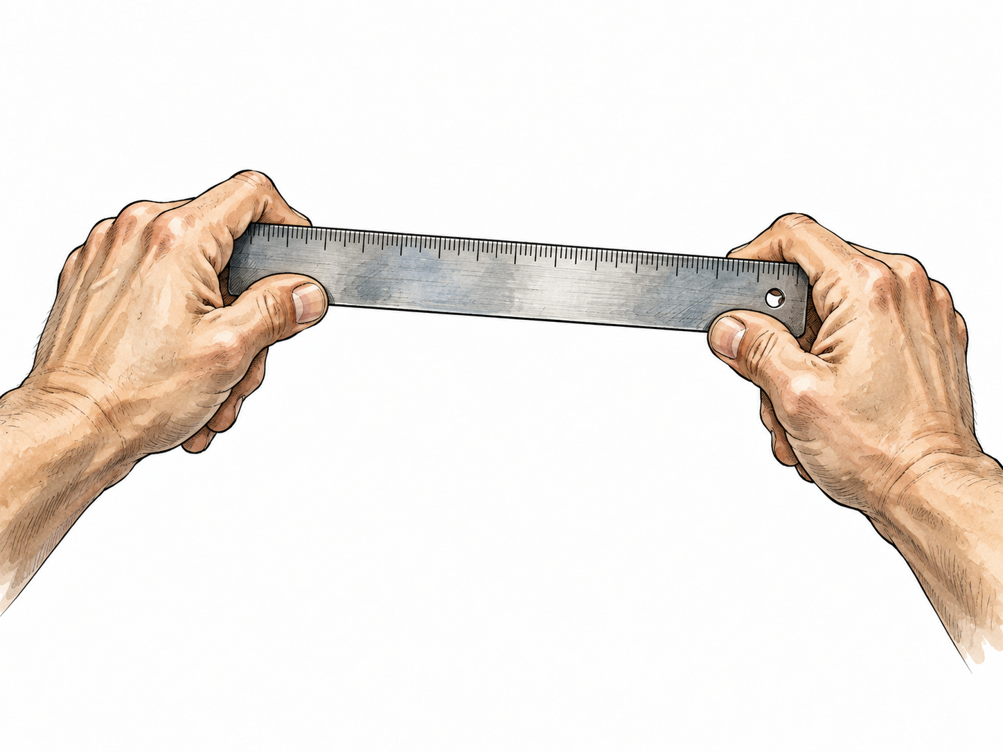 A straight rigid metal ruler resists a person's attempt to bend it, careful realistic hands.