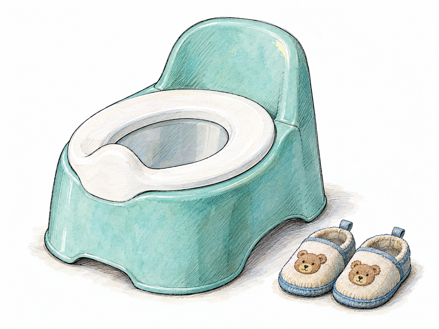 A small molded child’s potty with a low seat, open removable bowl, and short supportive backrest, shown beside a pair of toddler slippers that make its child-sized scale immediately clear.