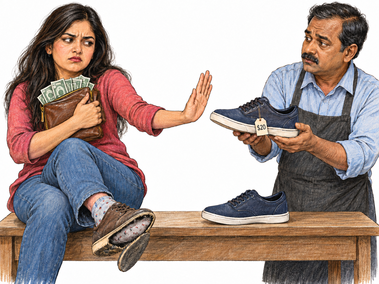 A woman with ample money refuses to buy a modest replacement for her badly worn shoe, clutching her cash protectively while pushing the offered shoe away.