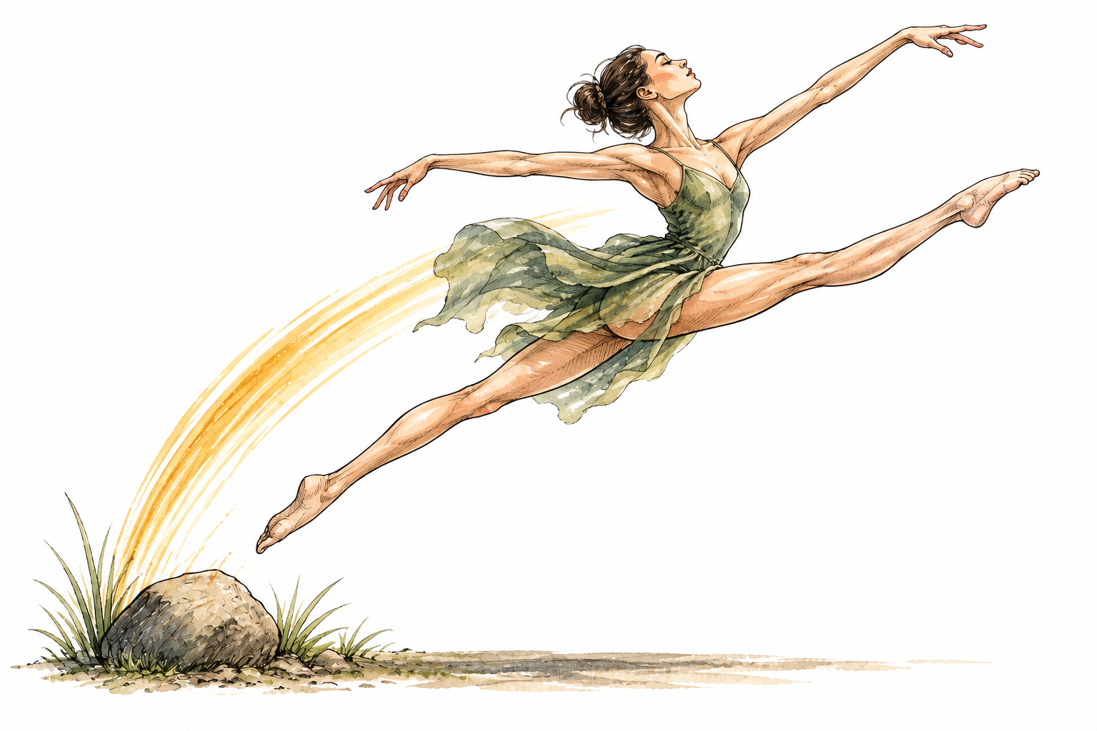 Slender adult dancer moves gracefully through a fluid extended pose, realistic flexible anatomy, no lettering.