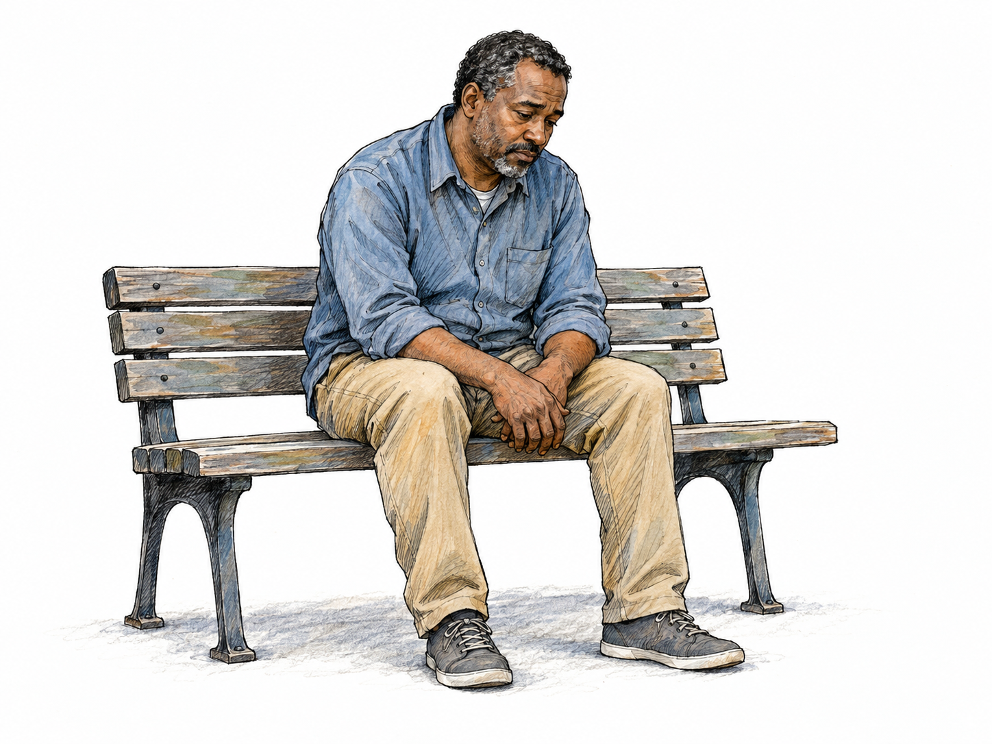 A middle-aged Black man sits alone on a simple bench, shoulders slumped and hands resting loosely in his lap, looking down with a quietly sad, discouraged expression.