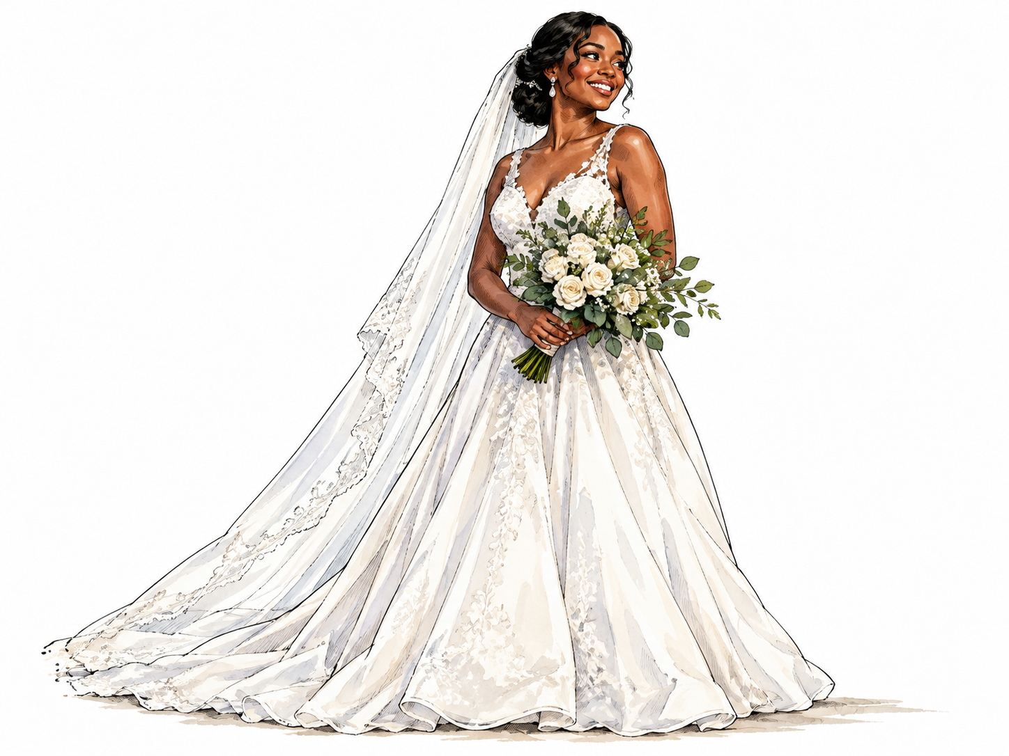 Radiant Black bride in elegant wedding dress holding bouquet.