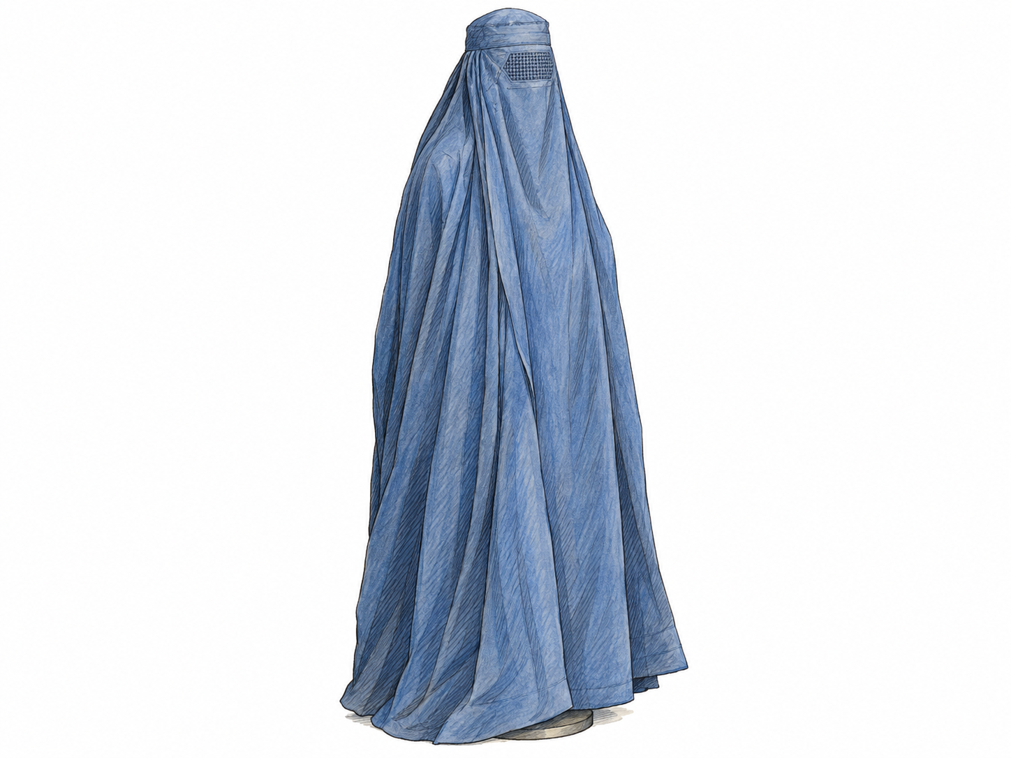 A single full-length burka displayed on a concealed head-and-body dress form, clearly showing its loose outer drape and integrated face covering with a small mesh viewing panel.
