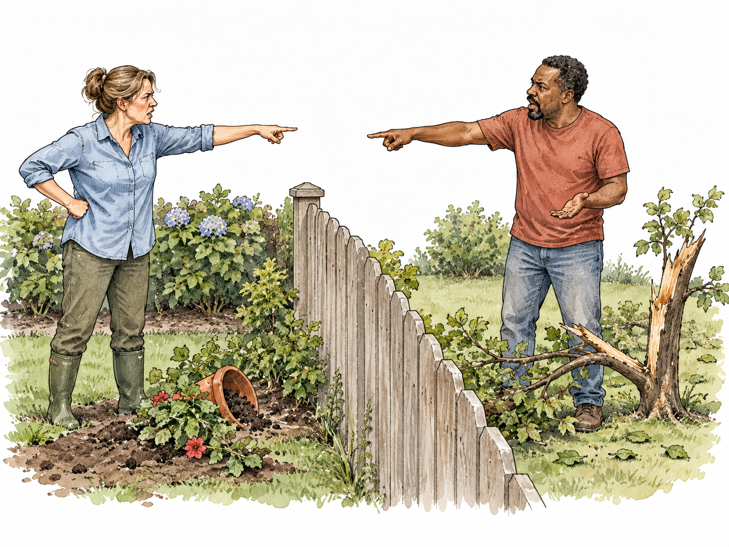 Two diverse neighbors each gesture at damage on the other's side of their shared fence, reciprocal blame.