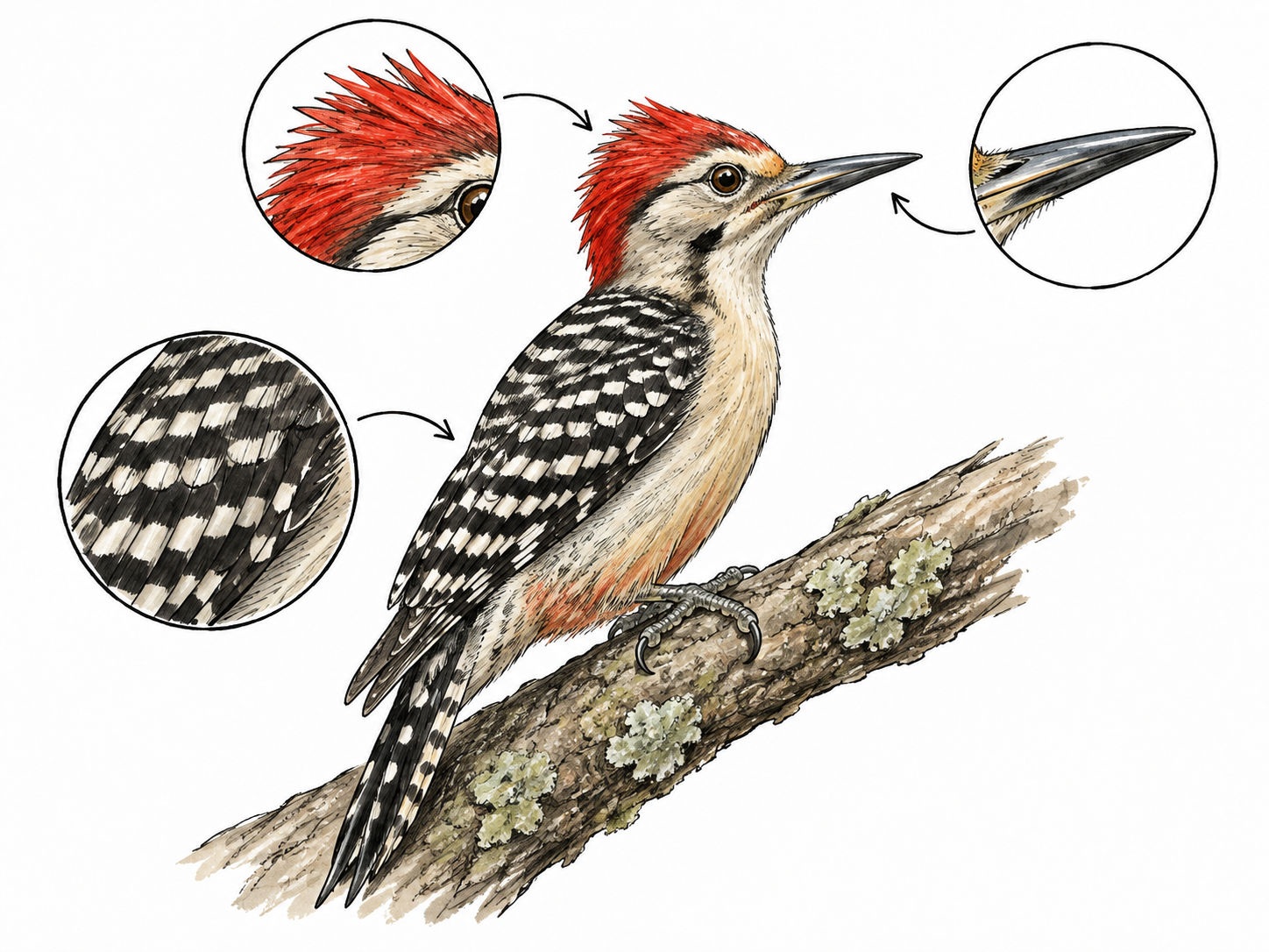 A detailed drawing of a bird on a plain field notebook highlights its striped wing, curved beak and red crest with small arrows, observational detail central, no written labels.