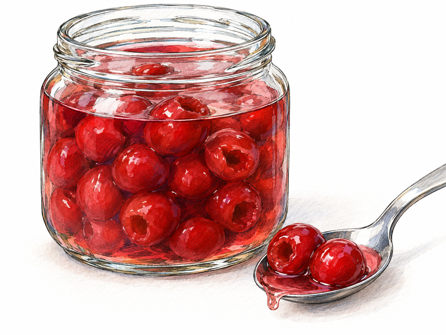 An open glass jar of glossy, vivid red maraschino cherries submerged in translucent sweet syrup, with two cherries and a small syrup puddle on a spoon beside it.
