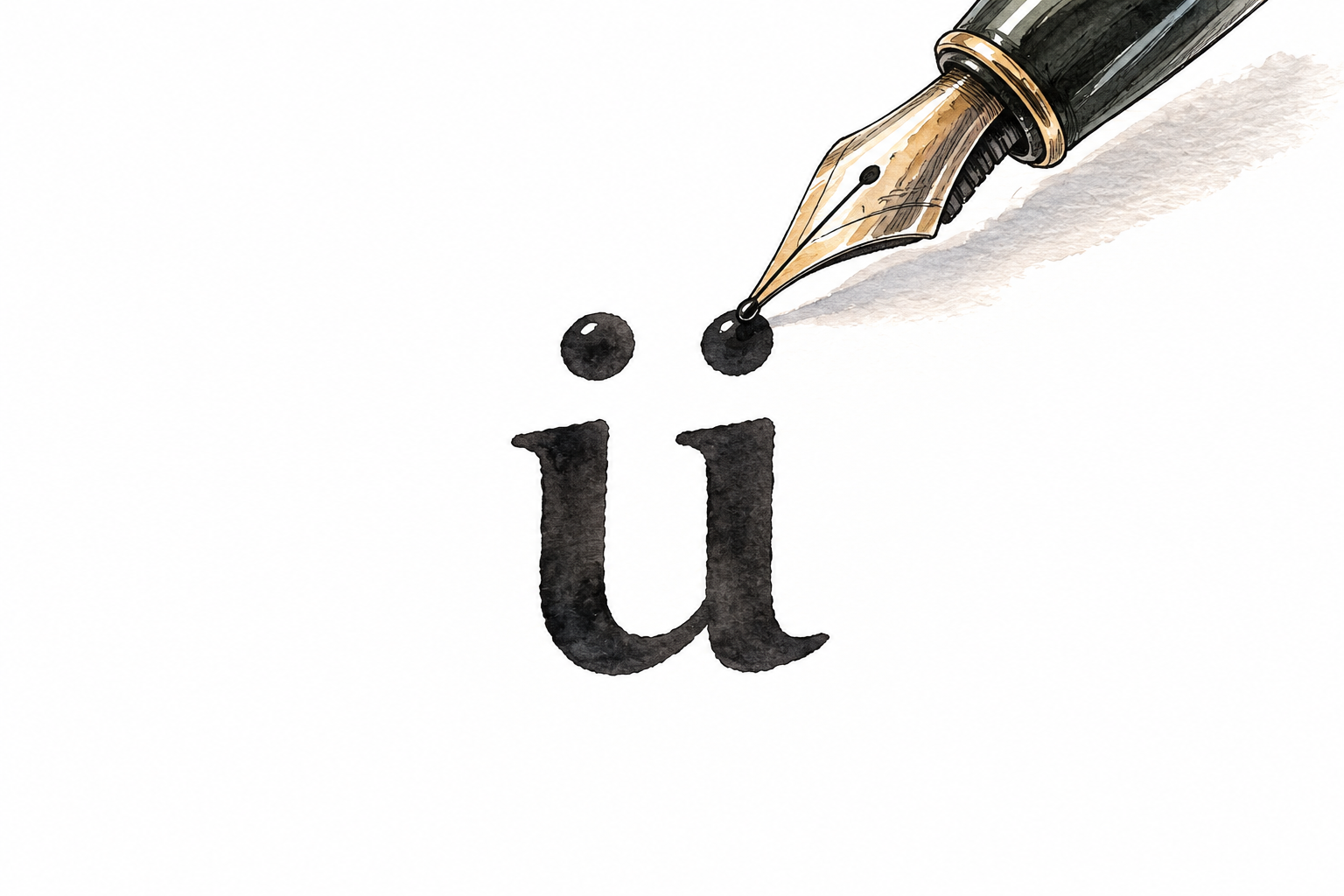 Close-up pen placing exactly two dots above lowercase u, resulting 'ü' centered on paper; only that glyph, no explanations.