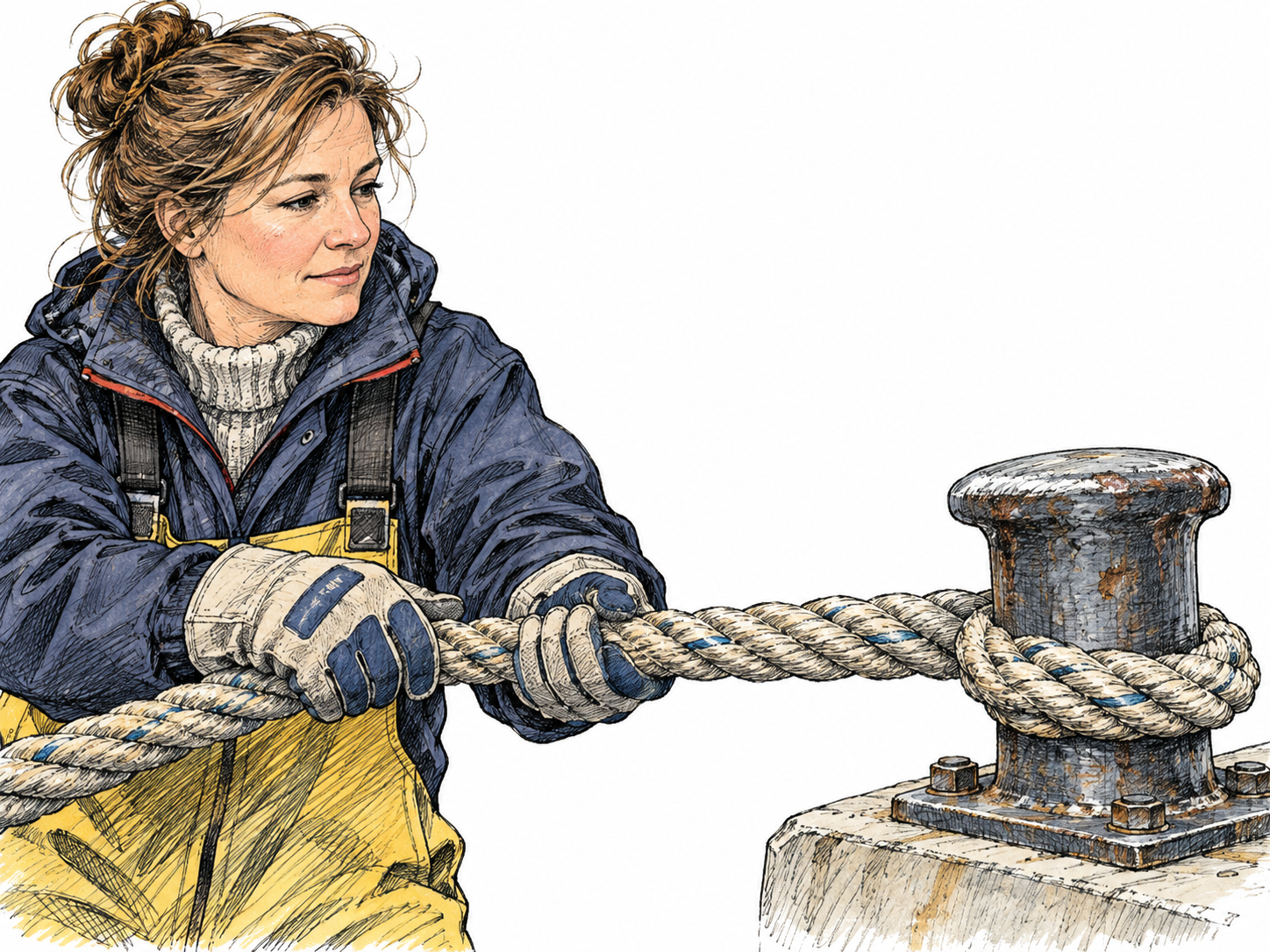 A thick braided hawser holds a small visible ship bollard connection under gentle tension; show rope scale against adult gloved hands, no unsafe snapback scene or knots tutorial.