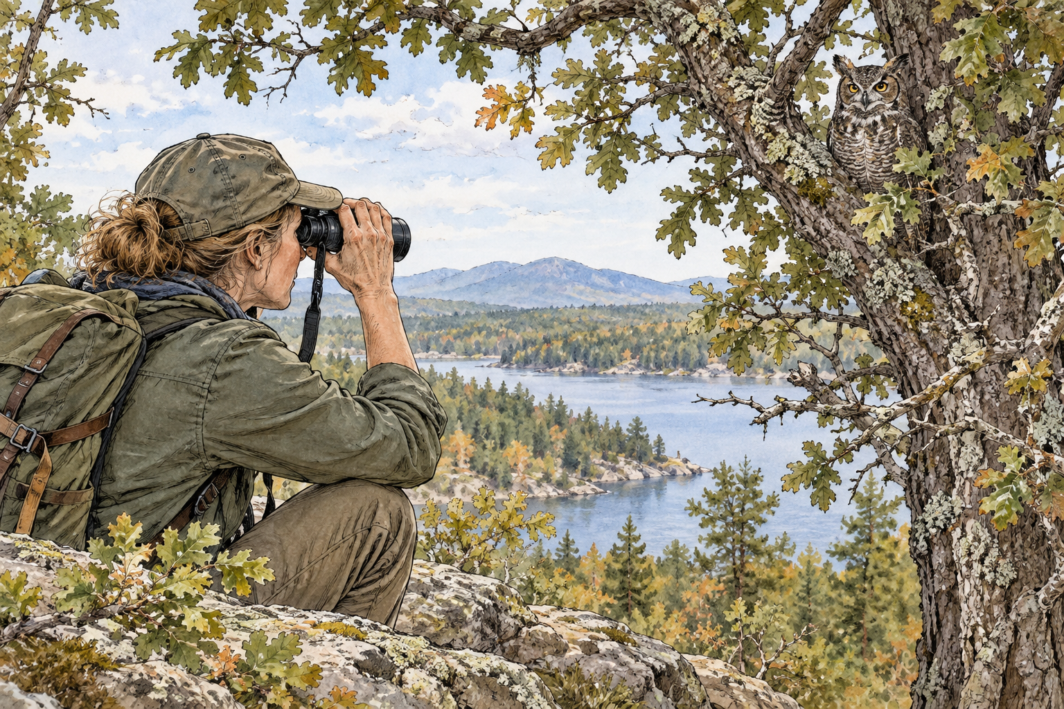 A naturalist peers carefully through binoculars to distinguish a camouflaged owl among tree branches, subtle discovery and attentive eyes.