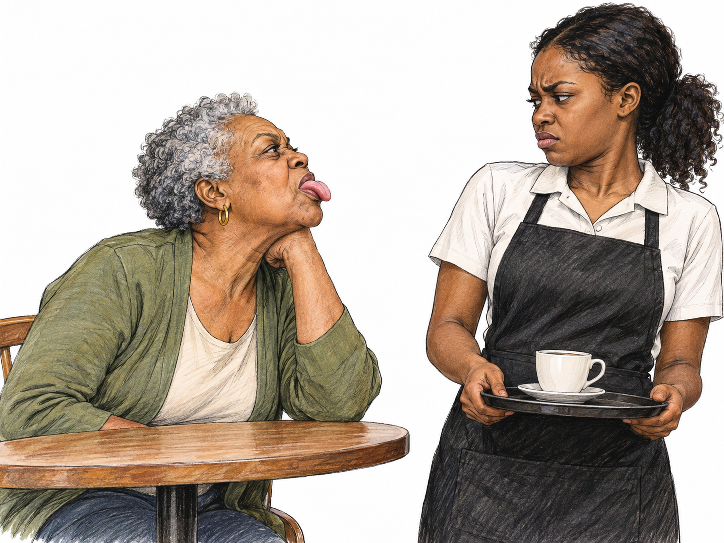An older customer brazenly sticks her tongue out at a young café worker while maintaining direct eye contact.