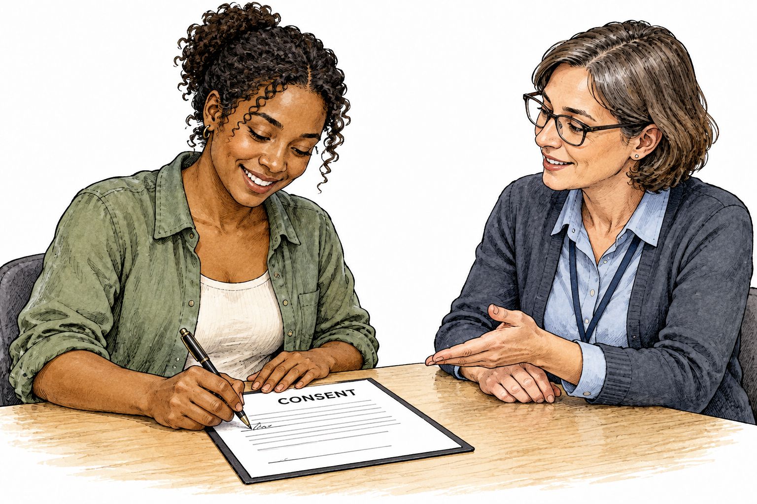 An adult clearly gives permission by signing a plain consent form after discussion, no coercion.