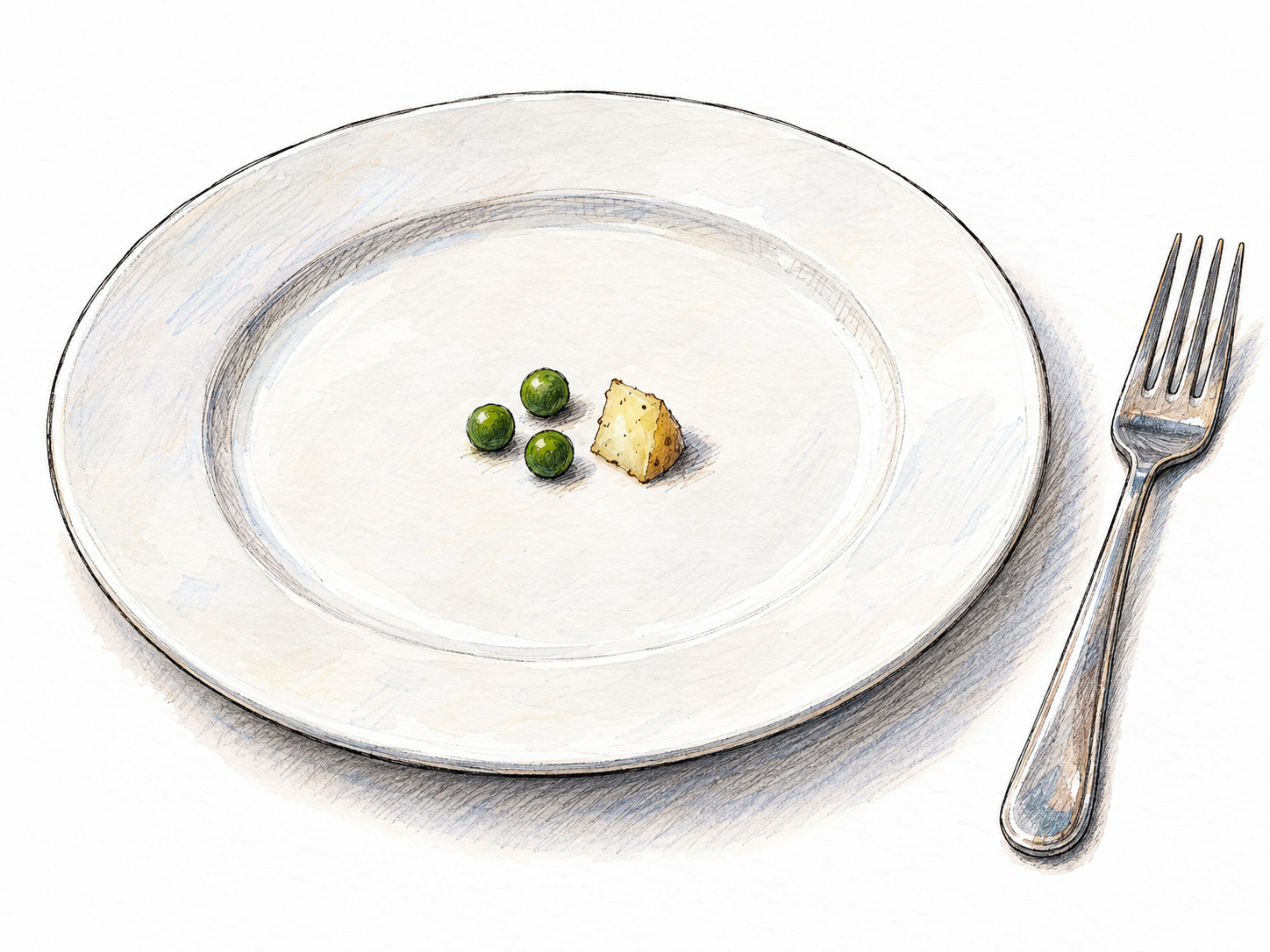 A large plain dinner plate holds a paltry serving: just three peas and one tiny piece of potato, leaving almost the entire plate empty.