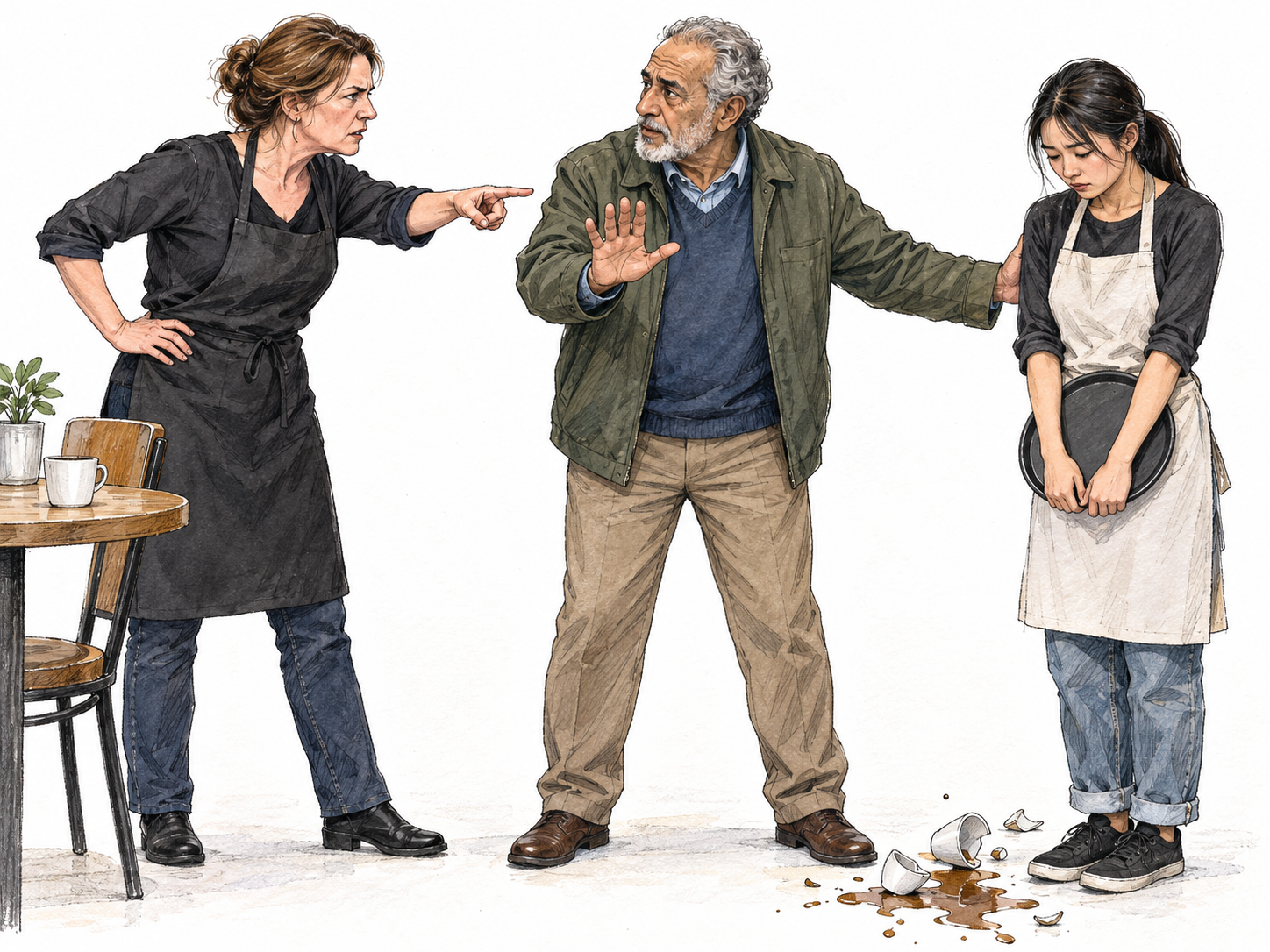 An older man steps between an angry café manager and a young employee, gently shielding the employee while appealing to the manager with an open, calming hand.