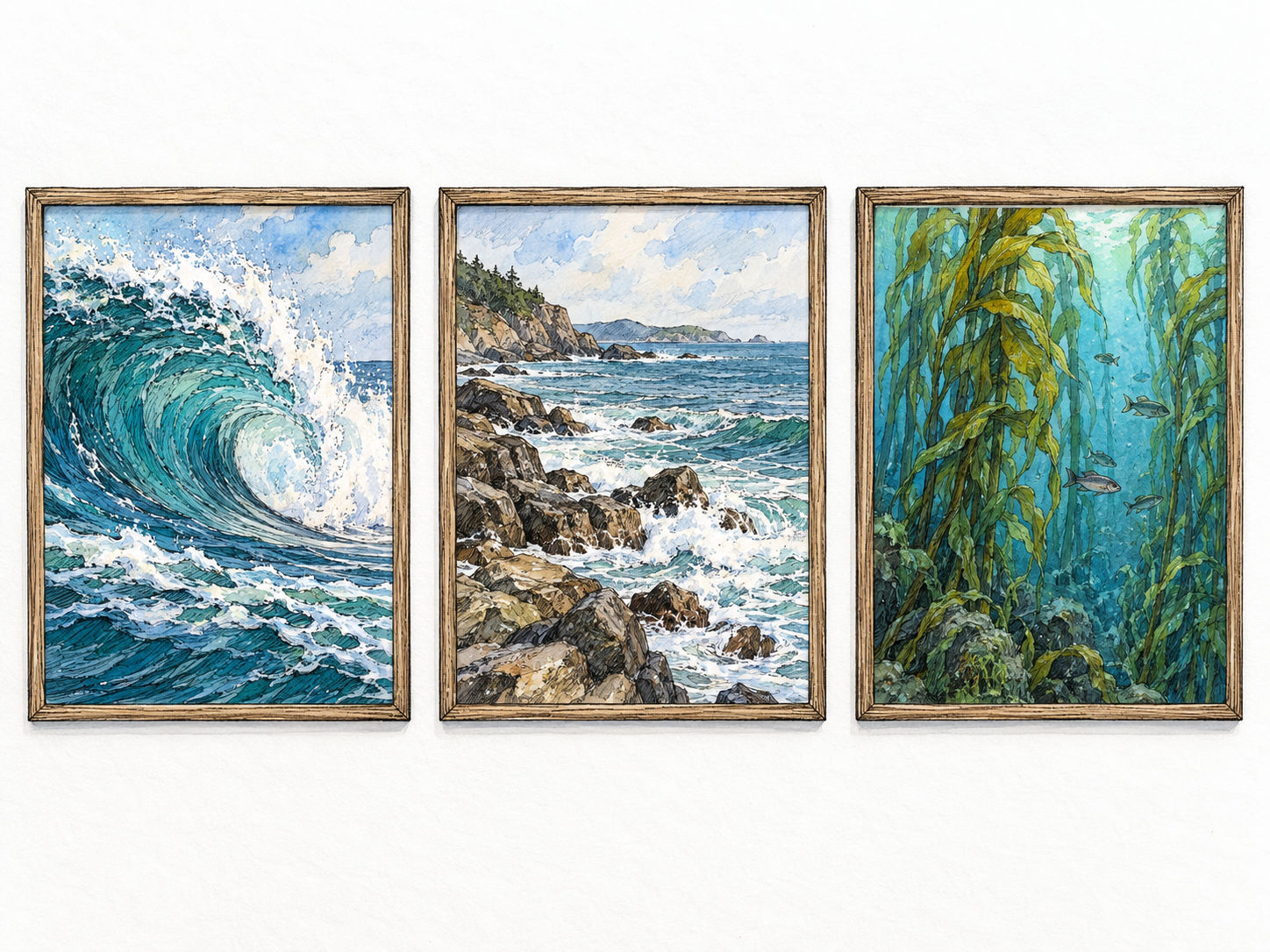 A small art exhibition whose three distinct paintings share the sea as their main subject: a breaking wave, a rocky shoreline, and an underwater kelp forest.
