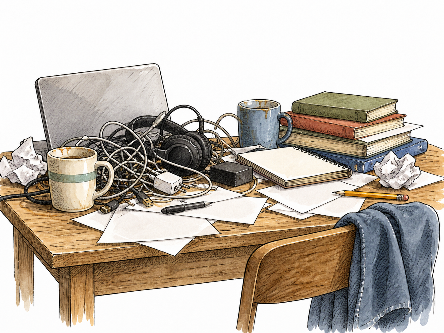 A desk piled with tangled cables, cups, books and loose unmarked papers.