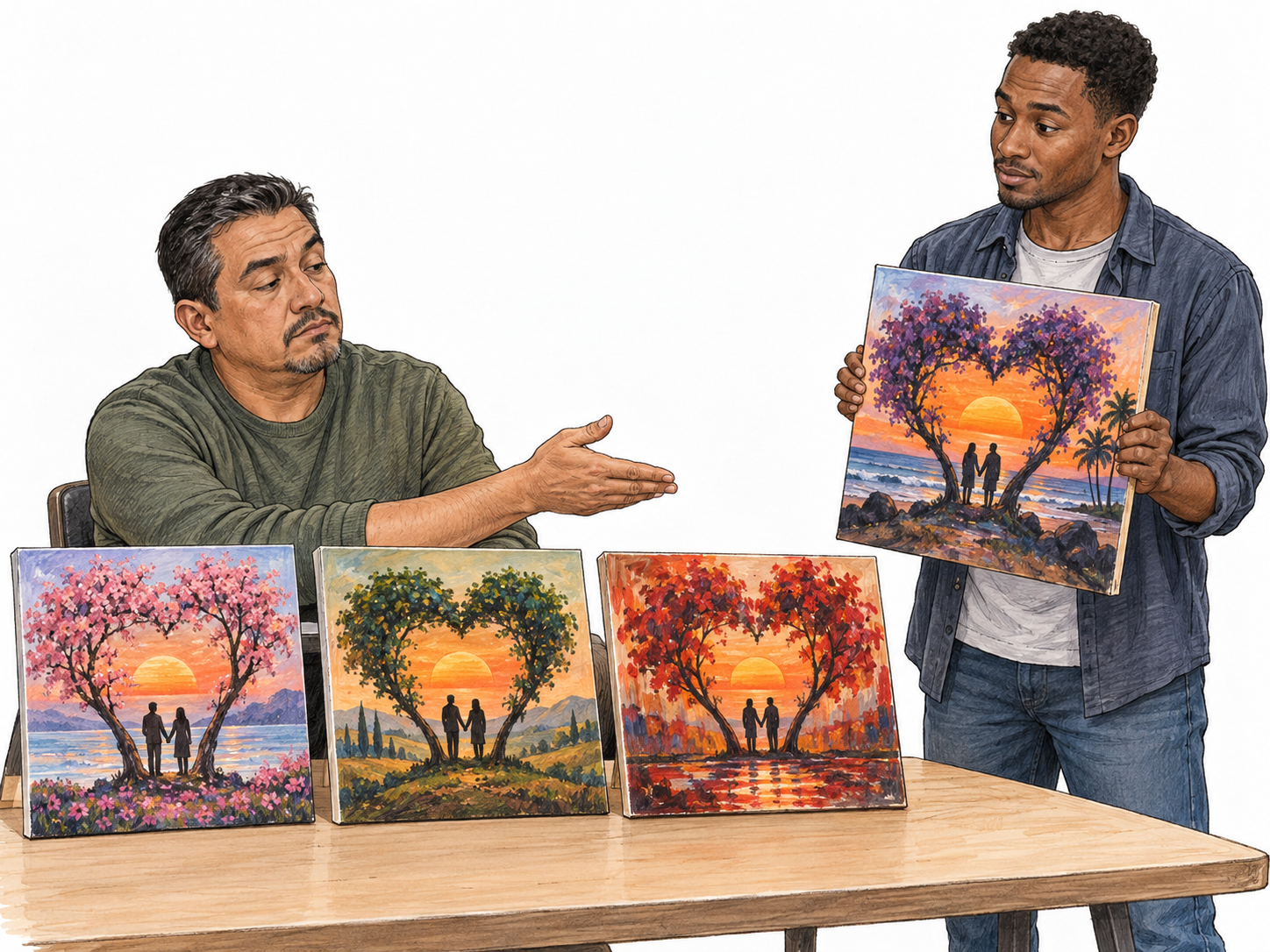 A reviewer encounters yet another independently painted version of the same sentimental sunset motif: visibly formulaic imagery repeated until it no longer makes an impression.