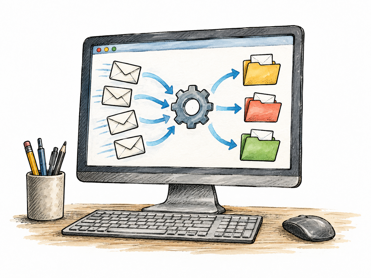 Simple drawn computer screen shows an automated sorting program moving incoming envelopes into folders, no anthropomorphic robot.