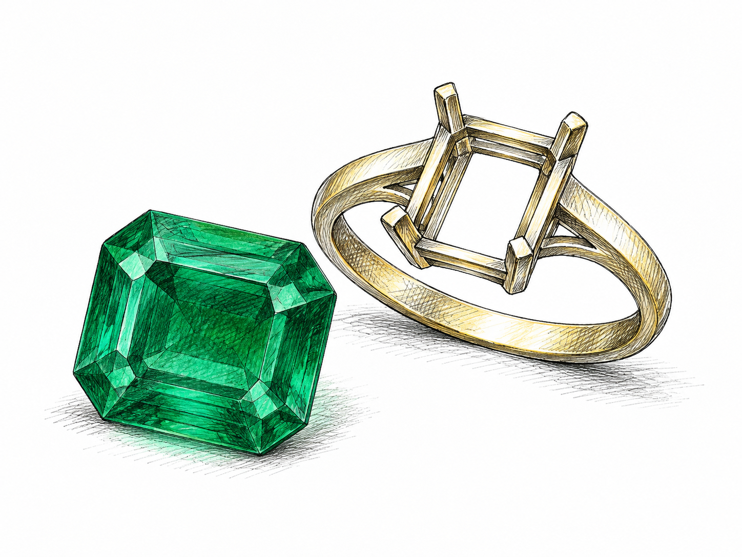 One faceted deep-green emerald beside its simple open ring setting, gemstone and jewelry use apparent; restrained colored-pencil facets, no sparkle rays or glossy photography.