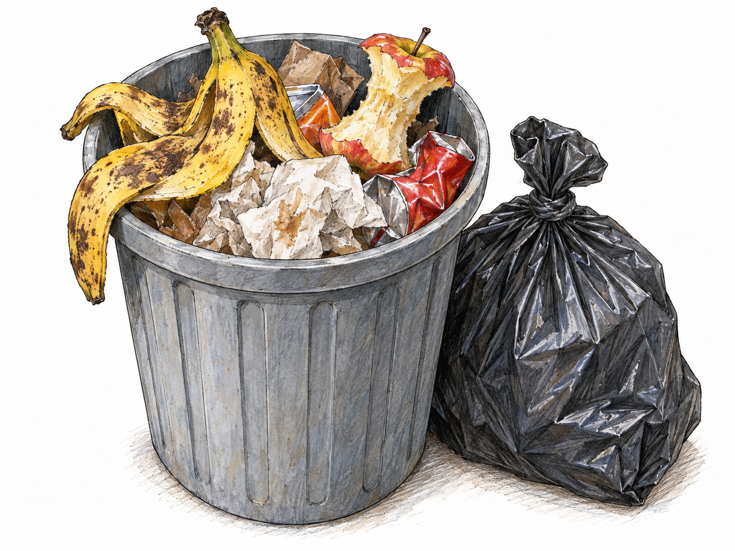 An open household trash bin containing clearly discarded food scraps and crumpled, soiled packaging, with a tied garbage bag beside it.