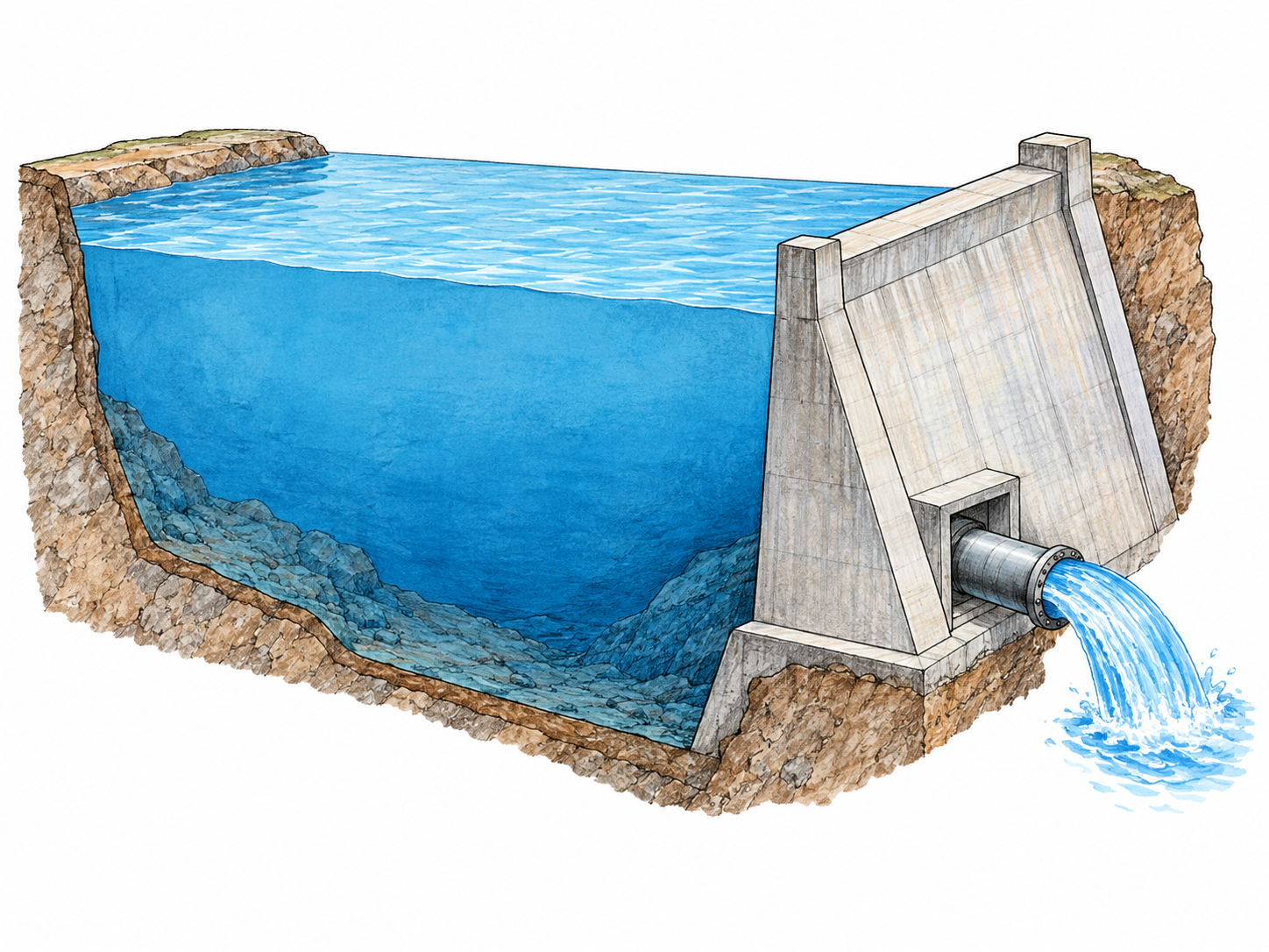 Compact cutaway water reservoir behind small dam, contained blue water volume and outlet pipe show storage supply; entire feature isolated with minimal bank contours, no surrounding landscape panorama.
